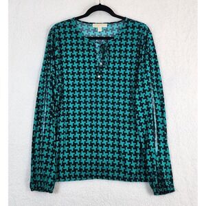Michael Kors Women Blouse Top XL Green & Black Houndstooth Slit Sleeve Colorful